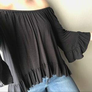 SOLD- Charcoal Gray Off Shoulder Ruffle Top